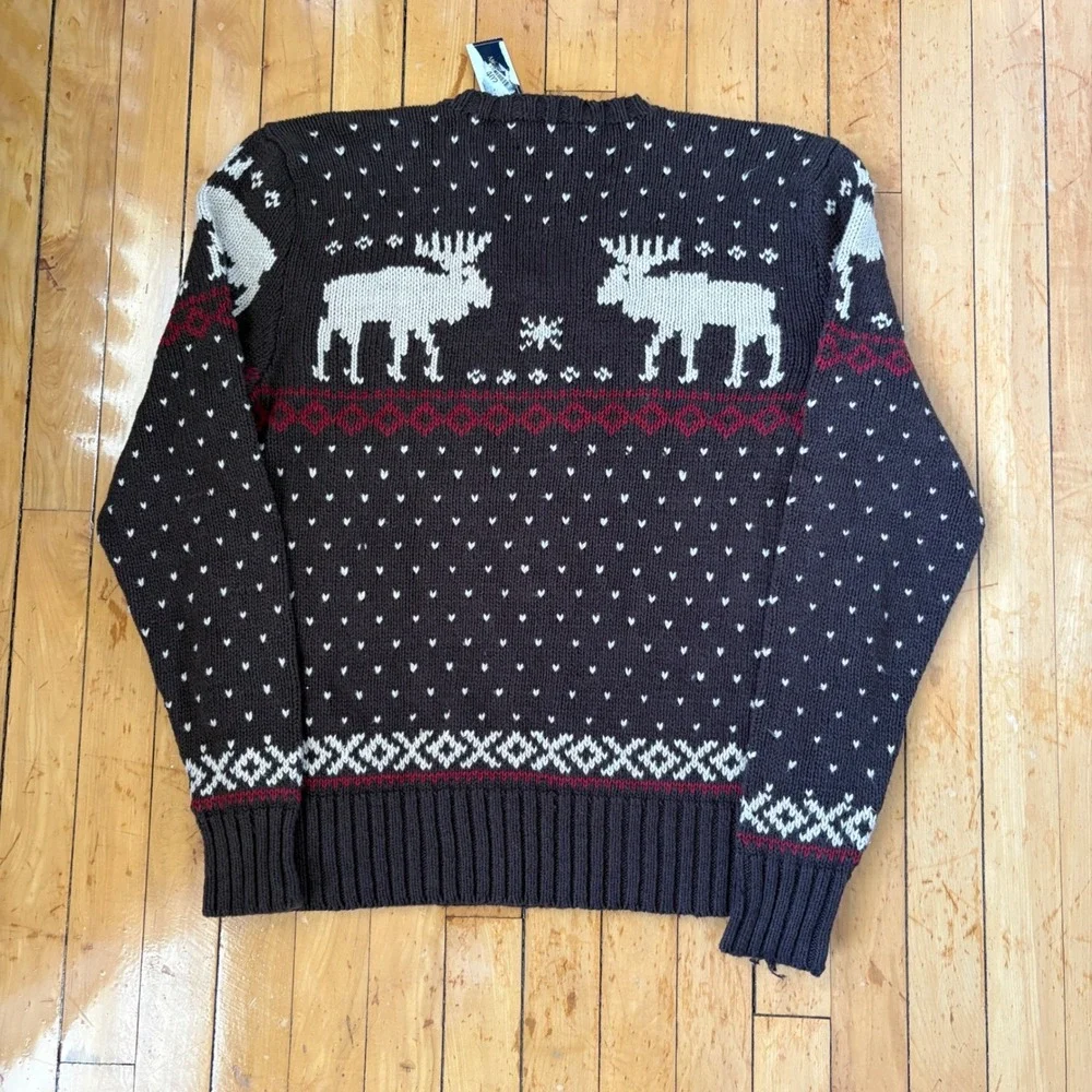 Polo Ralph Lauren Sweater Mens Large Brown Cotton Linen Moose Fair Isle V-Neck